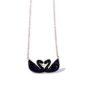 18K White Gold Black Swan Kiss Necklace Black Crystal Gemstone Bohemian No Fade